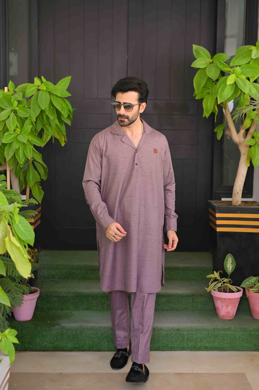 Mauve Textured Cuban Collar Kurta Trouser - Number3Clothing