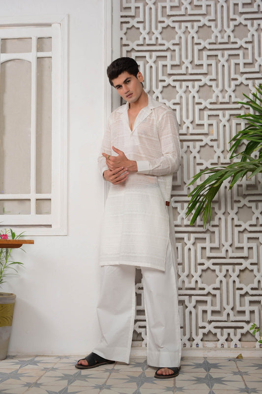 Nazm - Textured White Cuban Kurta Trouser - Number3Clothing