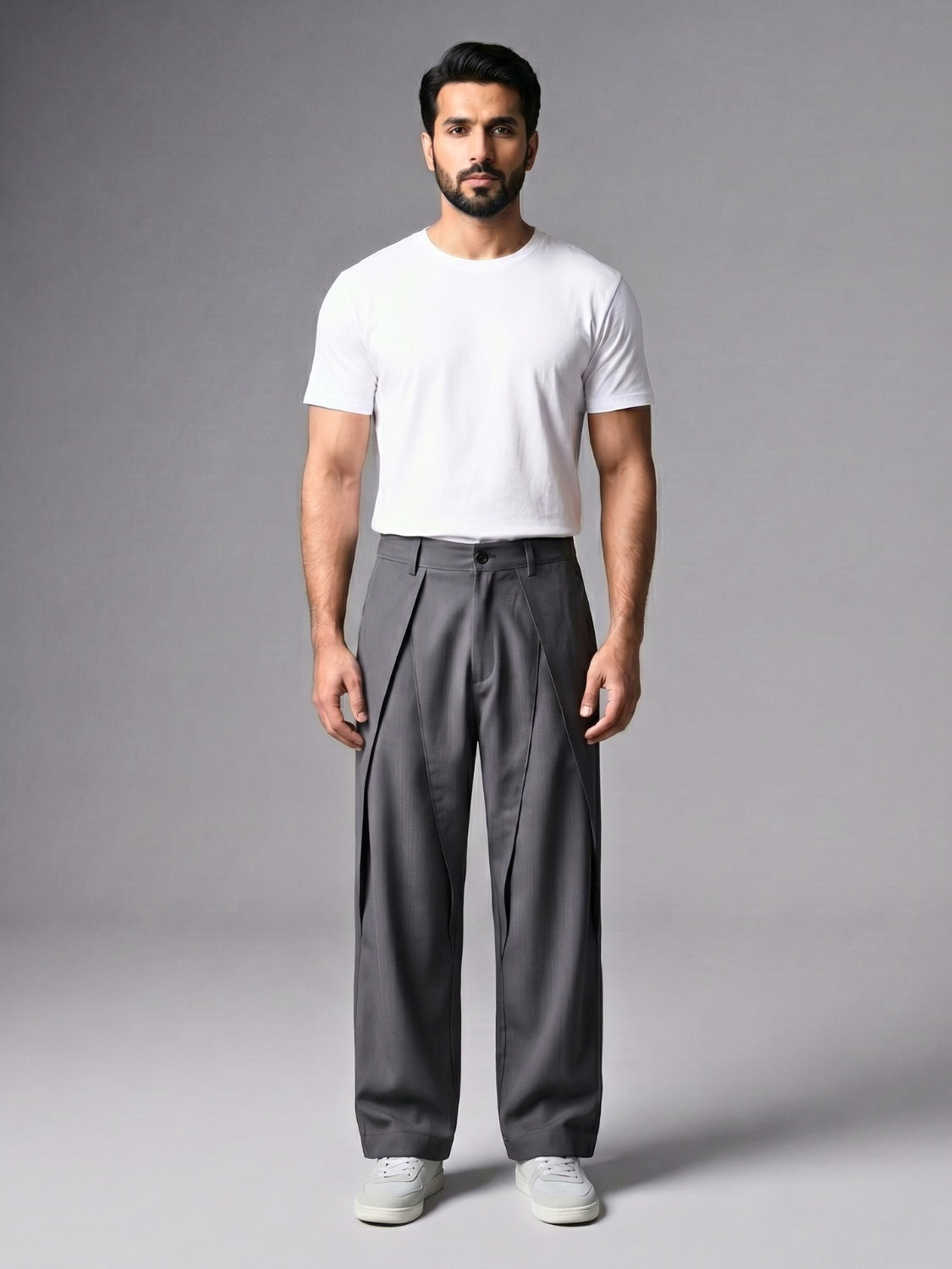Gray Pleated Wide-Leg Trouser Pant
