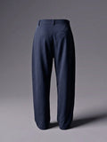 Navy Pleated Wide-Leg Trouser Pant