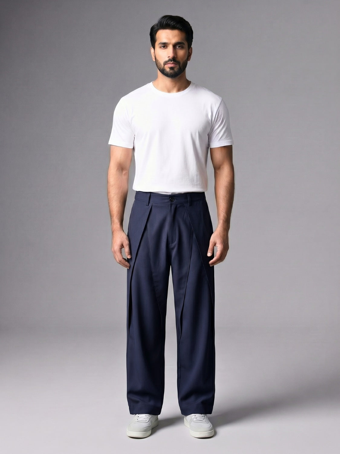 Navy Pleated Wide-Leg Trouser Pant