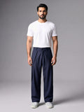 Navy Pleated Wide-Leg Trouser Pant