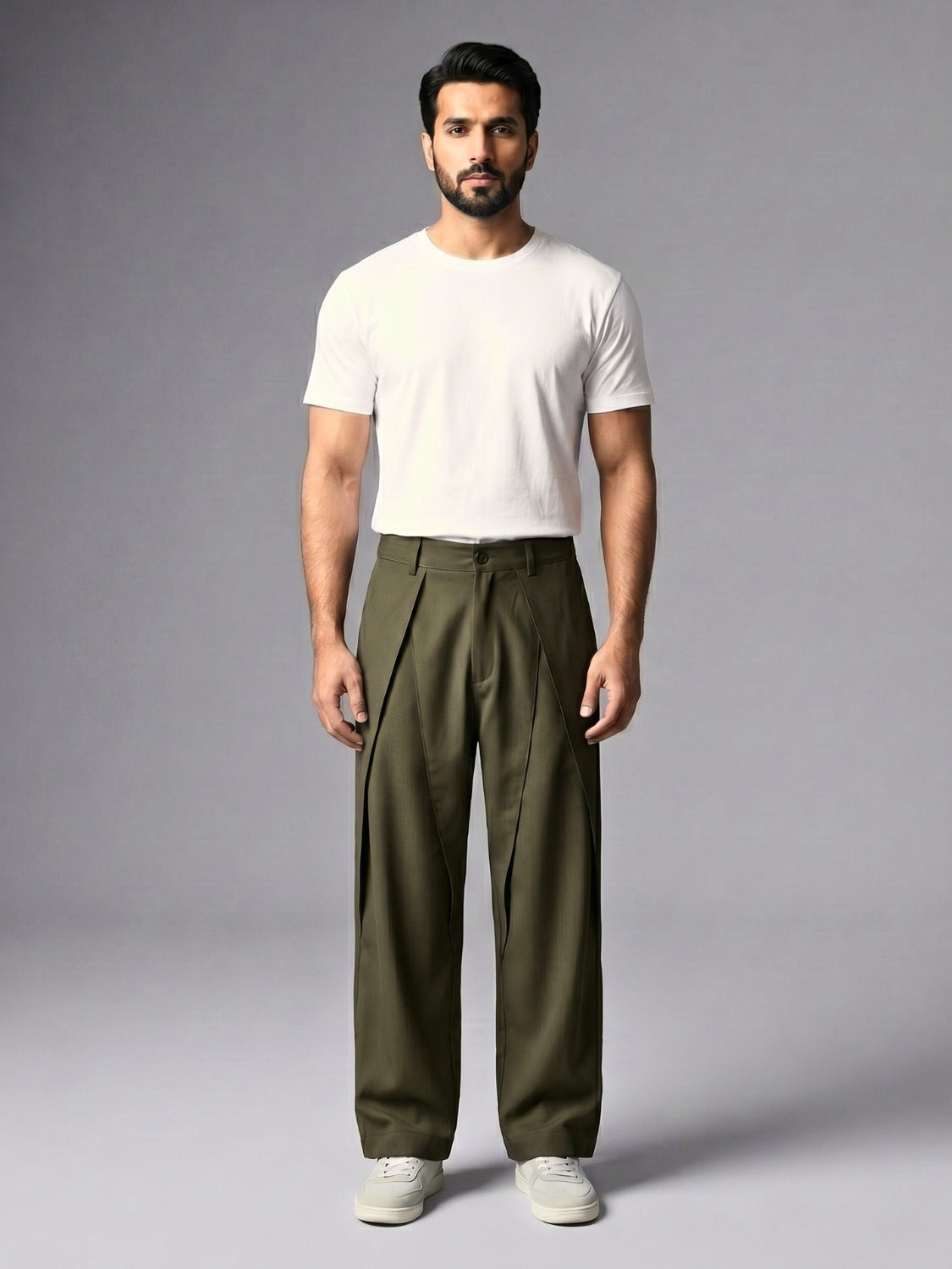 Olive Pleated Wide-Leg Trouser Pant