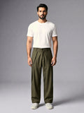 Olive Pleated Wide-Leg Trouser Pant