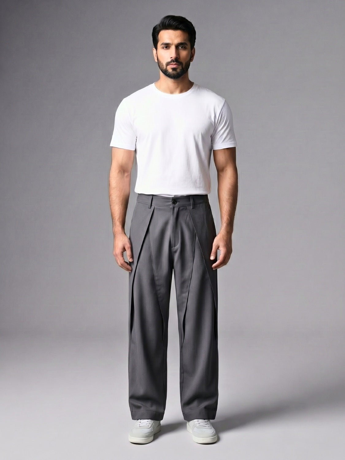 Gray Pleated Wide-Leg Trouser Pant - Number3Clothing