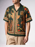 Men Forest Green Floral Paisley Cuban Collar Shirt Fabric Texture & Print Detail - Number 3
