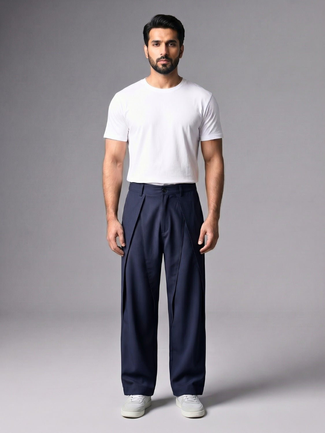 Men Navy Blue Pleated Wide Leg Trouser Cotton Twill Fabric & Pocket Detail - Number 3