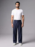 Men Navy Blue Pleated Wide Leg Trouser Cotton Twill Fabric & Pocket Detail - Number 3
