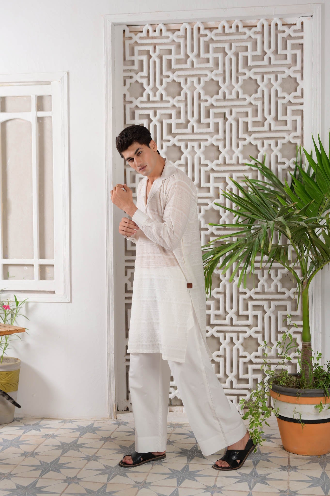 Nazm - Textured White Cuban Kurta Trouser - Number3Clothing