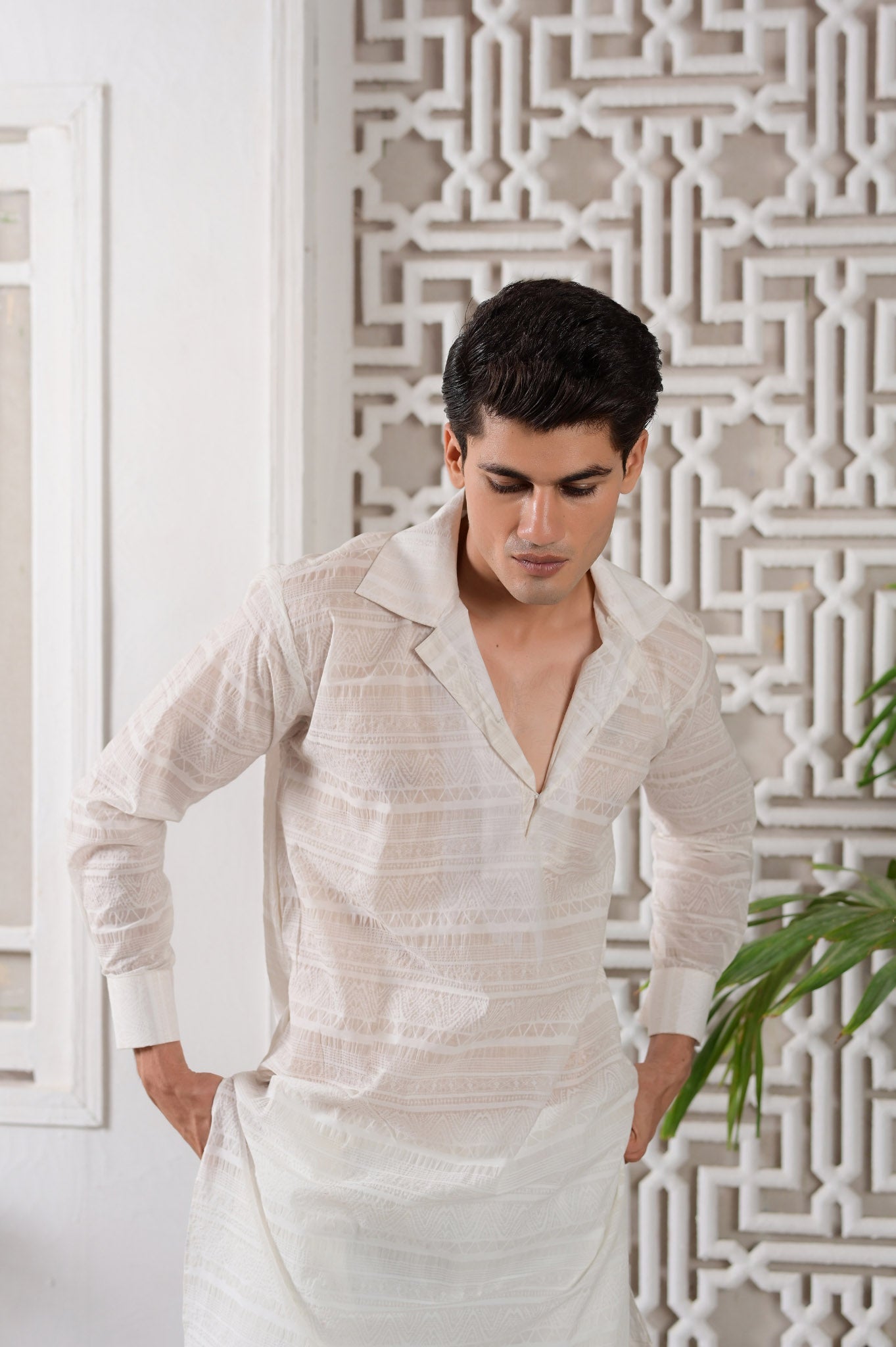 Nazm - Textured White Cuban Kurta Trouser - Number3Clothing