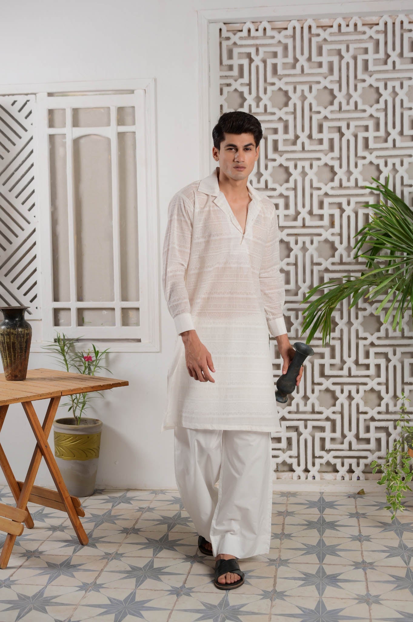 Nazm - Textured White Cuban Kurta Trouser - Number3Clothing