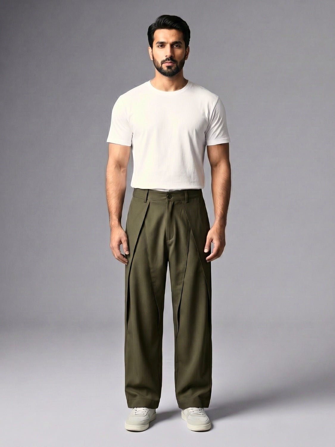 Olive Pleated Wide-Leg Trouser Pant - Number3Clothing