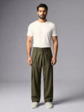 Olive Pleated Wide-Leg Trouser Pant - Number3Clothing