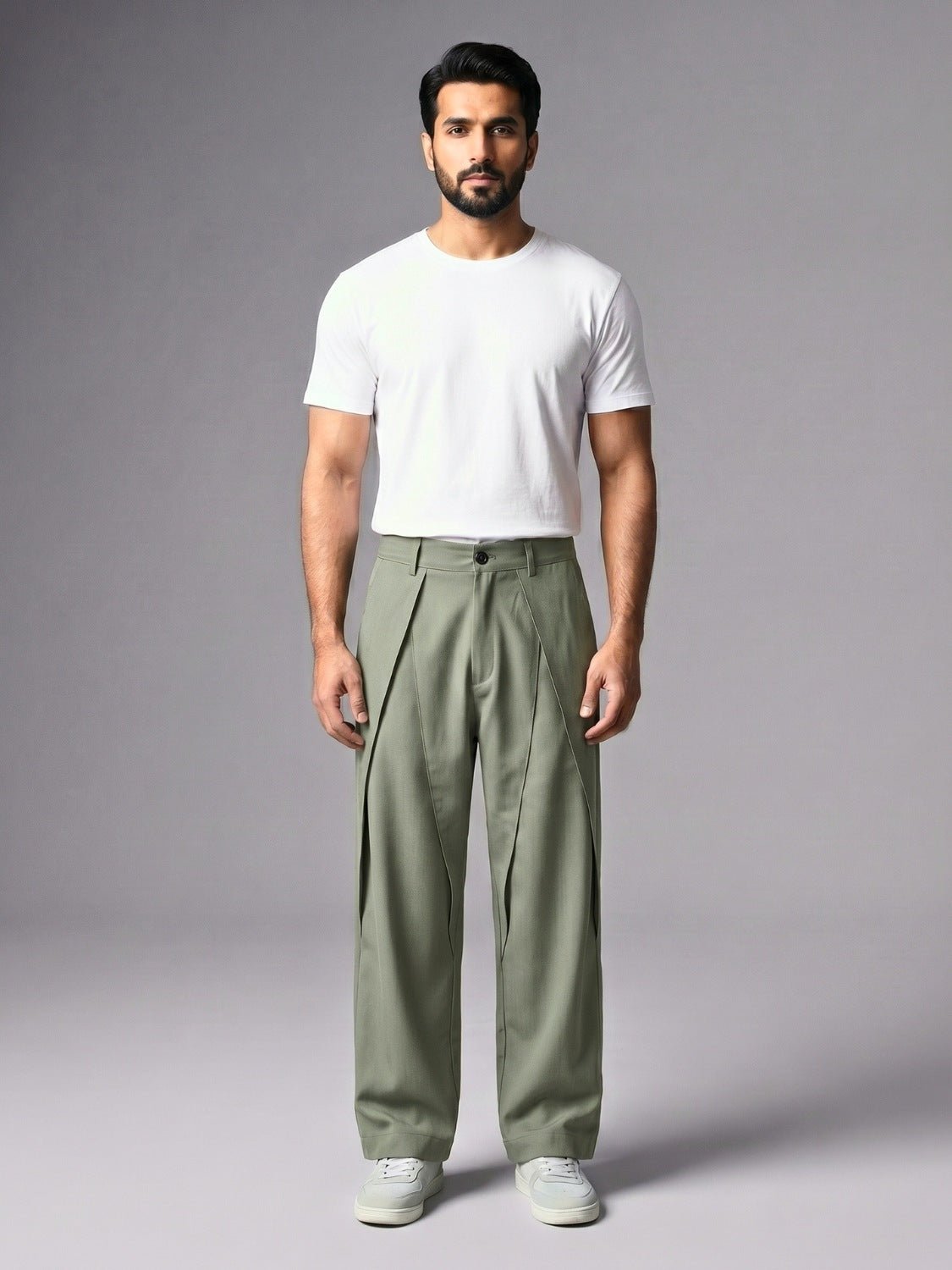 Men Sage Green Pleated Wide Leg Trouser Cotton Twill Fabric & Pleat Detail - Number 3