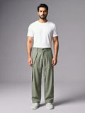 Men Sage Green Pleated Wide Leg Trouser Cotton Twill Fabric & Pleat Detail - Number 3