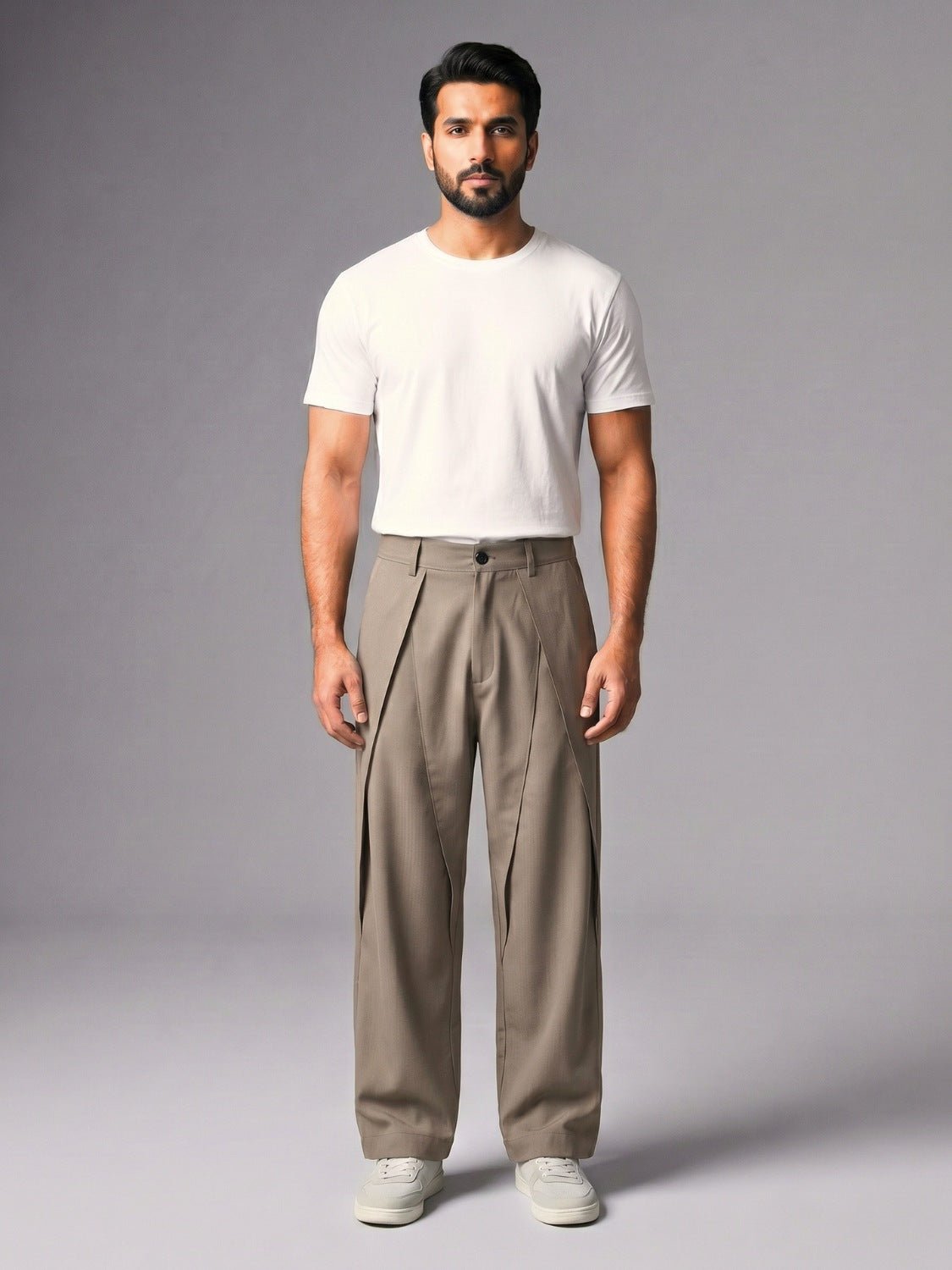 Taupe Pleated Wide-Leg Trouser Pant - Number3Clothing