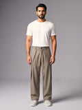 Taupe Pleated Wide-Leg Trouser Pant - Number3Clothing